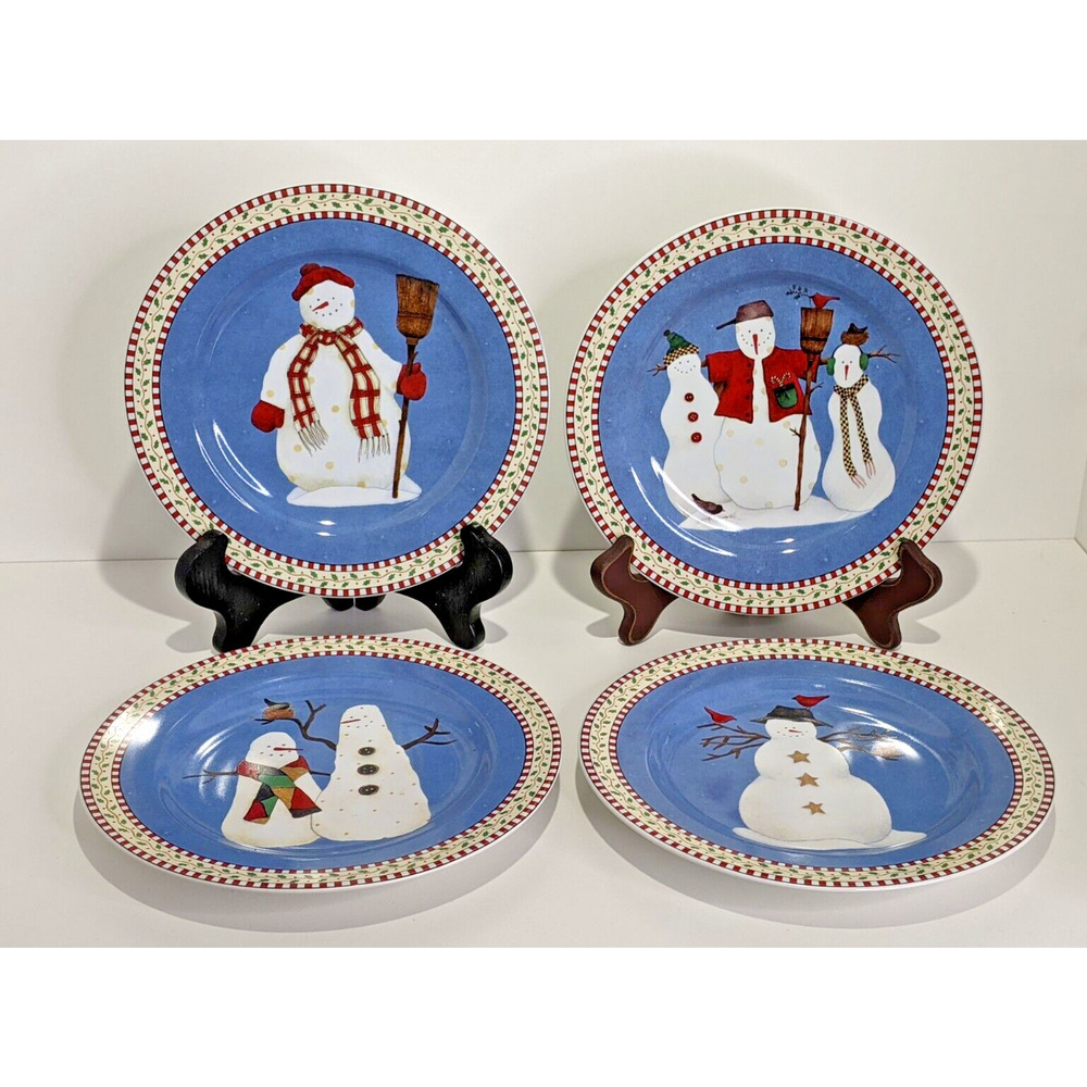 Sakura Debbie Mumm SNOWMAN Salad Dessert Lunch Plates Set of 4 NEW
